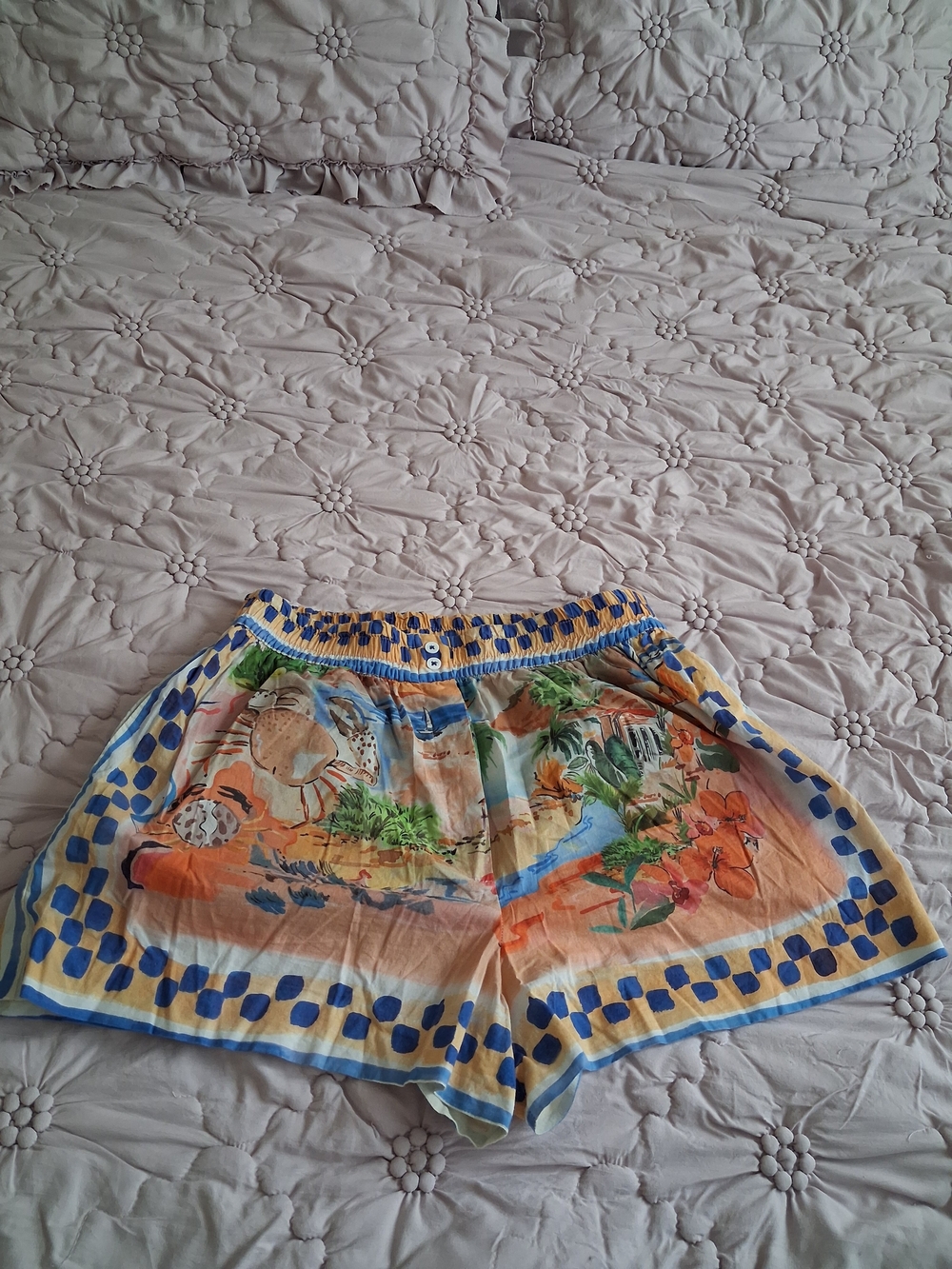 Zara Tropical Print Elastic-Waist Shorts in Orange and Blue